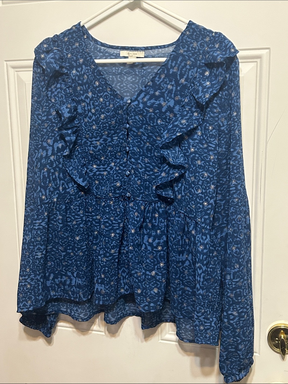 Blue Ruffle-Trim Printed V-Neck Blouse - Women